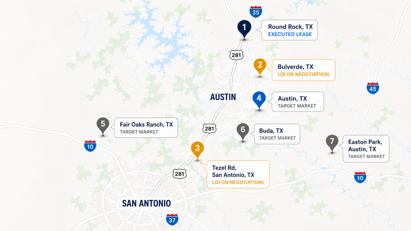 Wild Eggs 7-store development pipeline across Central Texas — Round Rock, Bulverde, Tezel Rd, Austin, Fair Oaks Ranch, Buda, and Easton Park